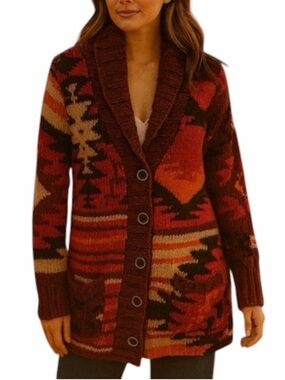 Eddie Bauer Vintage Hand Knit Aztec Southwestern Cardigan Sweater Size L XL